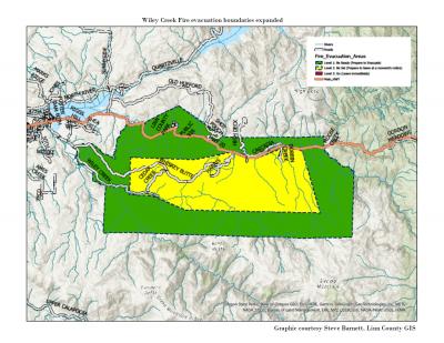 Wiley Creek Fire evacuation levels boundary map