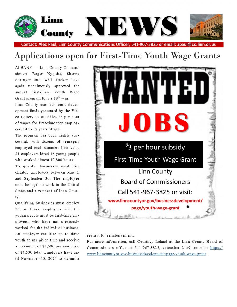 First-Time Youth Wage Grant information | Linn County Oregon